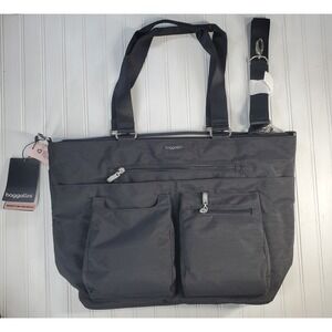 New Baggallini Any Day Laptop Tote Bag Black Nylon RFID Pockets Strap Bottom Zip